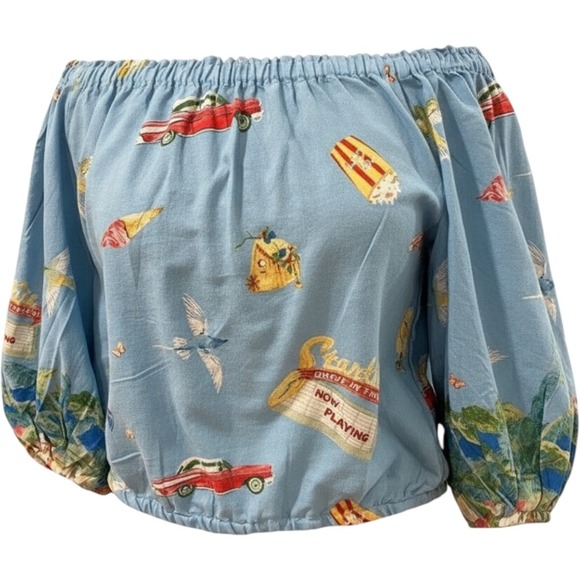 Christian Siriano Tops - Christian Siriano New York Blue Retro Drive-In Print Off Shoulder Linen Top S